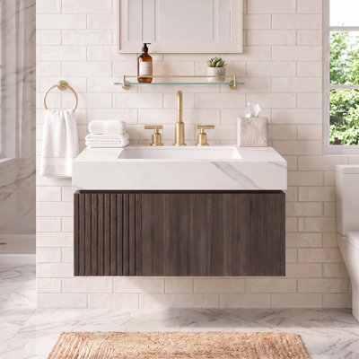 Meuble-lavabo mural de 30 po avec lavabo en pierre frite blanche et céramique Carrara