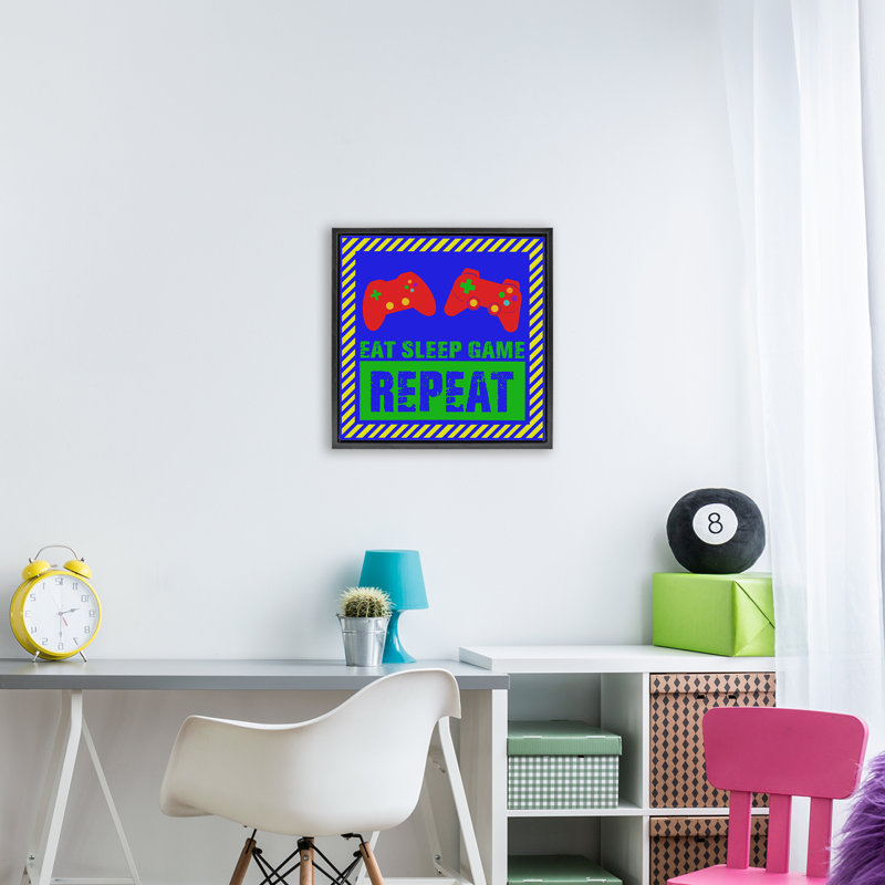 Cadre flottant vibrant Vibrant Eat Sleep, design par Marcus Prime, Cadre flottant noir de jais, H 18 po x l 18 po