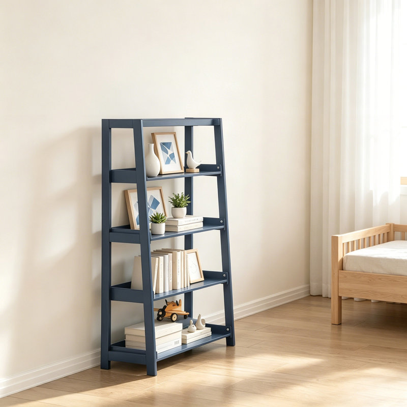 Bibliothèque moderne moderne, 4 tablettes, finition bleue élégante, présentoir en bois, 1 pièce, Marine