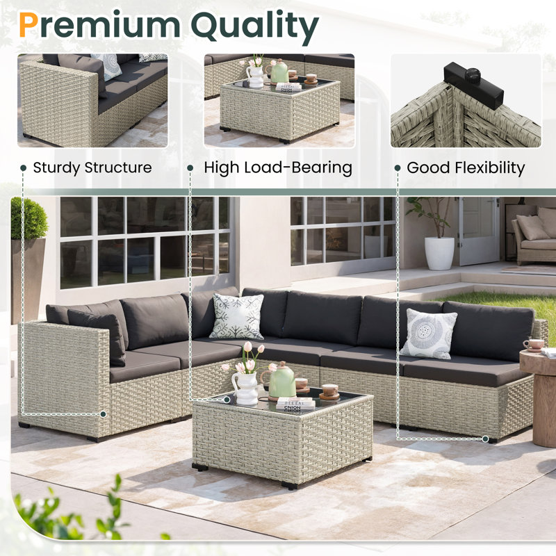 Ensemble de canapé modulaire d'extérieur en osier 8 pièces avec coussins confortables, Black