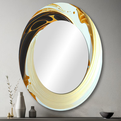 Mouvement blanc et or audacieux I - miroir décoratif ovale abstrait sur métal