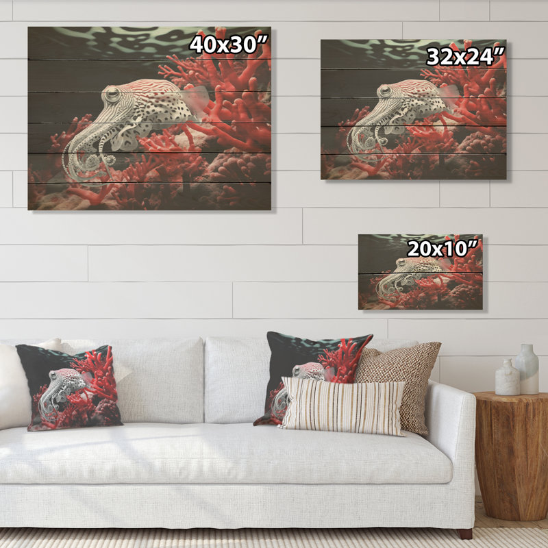 Seiche noir et rouge monochrome - corail côtier sous l'eau, art mural sur bois de pin naturel, H 10 po x l 20 po