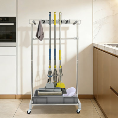 Porte-seau à vadrouille en acier inoxydable avec grand bassin, support de rangement pour balais à roues avec freins, tablette de rangement pour outils de nettoyage pour balcon de salle de bain, hôpital d'hôtel, assemblage facile