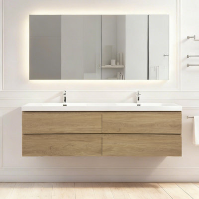 72 in. Wall-Mounted Floating Bathroom Vanity In Natural Oak With White Solid Surface Double Sink Top