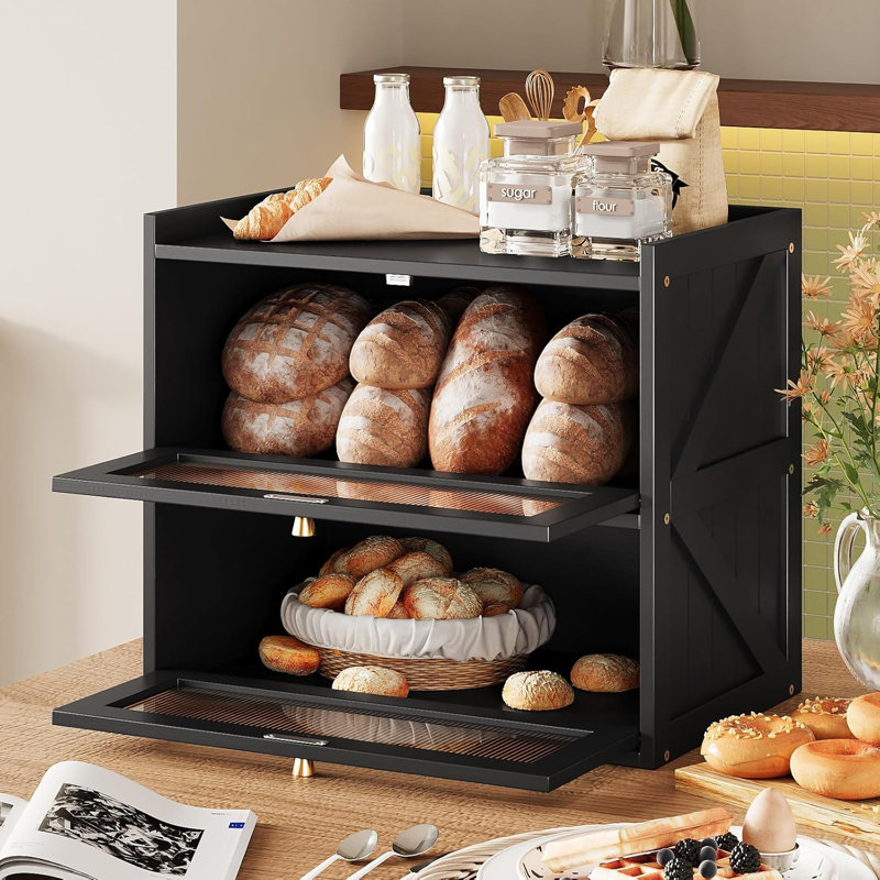 Boîte à pain noire avec porte en acrylique pour comptoir de cuisine Farmhouse