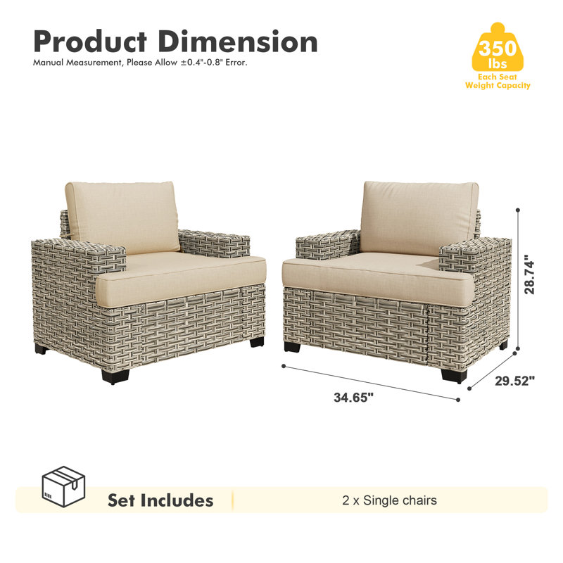Wicker Rattan Outdoor Patio Chairs With Cushions And Wide Armrest, Beige