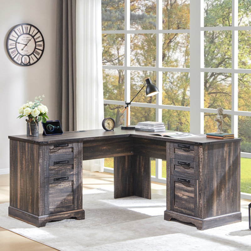 Dhevan 60'' W L-Shaped Executive Desk with Charging Station, Dark Rustic Oak