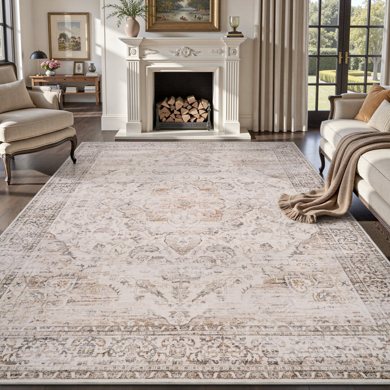 Soft Vintage Floral Non-Slip Washable Area Rug For Living Room, Bedroom Cream Beige, Retangle 5' x 7', Beige/Ivory/Taupe