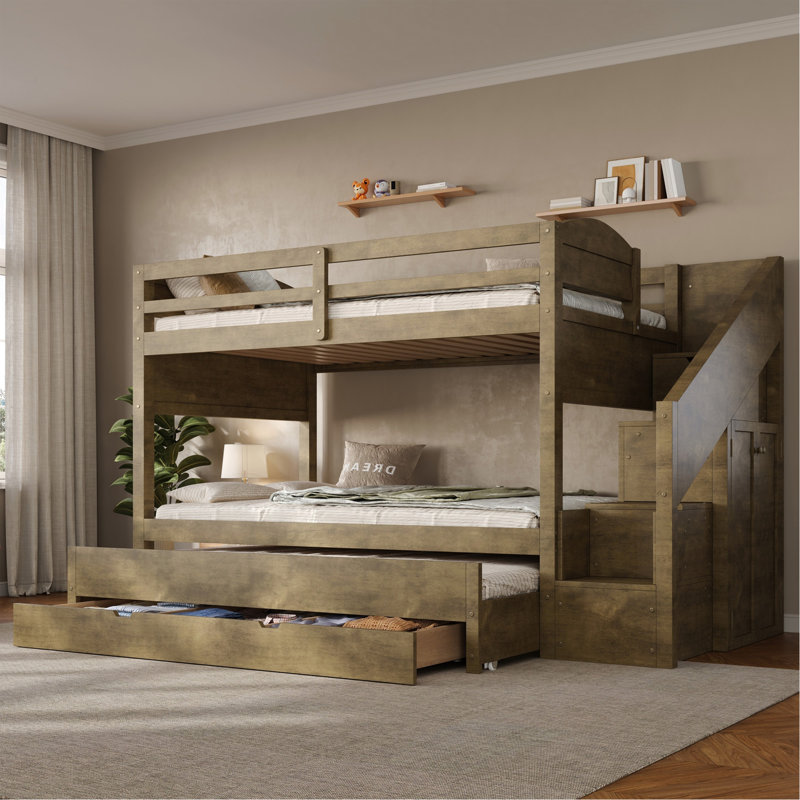 Lit superposé simple TG avec lit gigogne et trois tiroirs de rangement, escalier de rangement et garde-robe, noyer