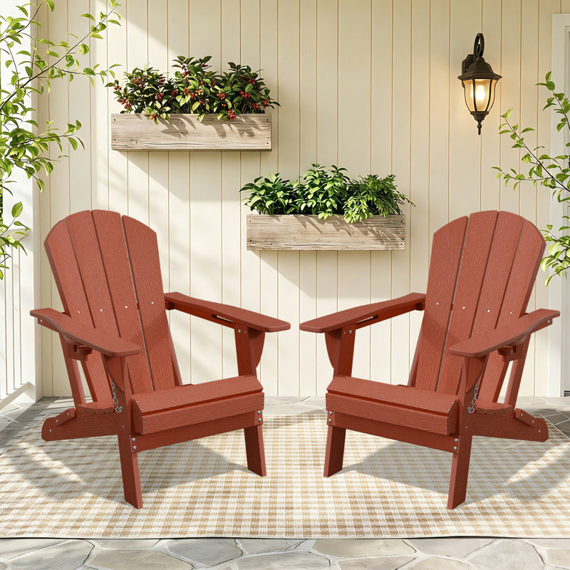 Oversized All-Weather Foldable Adirondack Chair with Cup Holder（Set of 2）, Dark Red, Set Of 2