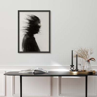 Distorted Silhouette Portrait Framed Print Wall Art - Black and White Abstract Human Figure with Motion Effect, Contemporary Statement Artwork for Bedroom or Study Decor
