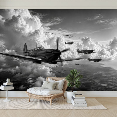 Papier peint adhésif peler et coller rétro avion de chasse dramatique ciel nuageux autocollant amovible papier contact mural pour salon chambre à coucher H 100 po x l 144 po