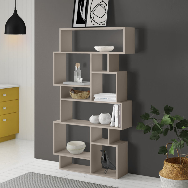 Sandra Bookcase | Asymmetric Freestanding Bookcase with 10 Compartments, Light Mocha