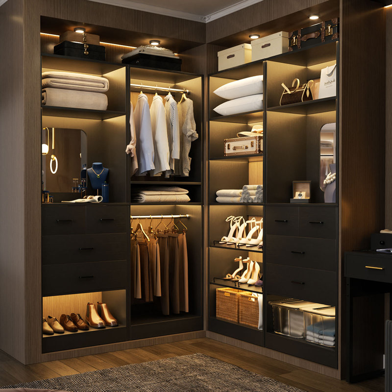 Freestanding Closet System with Drawers and Mirror, Black