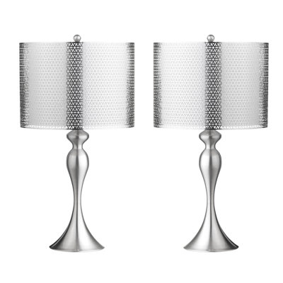 Set Of 2 Steel Table Lamps with Metal over Linen Double Drum Shade