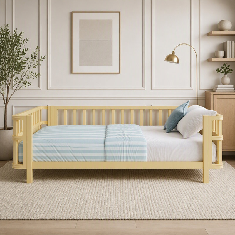 Lit plateforme en bois avec rampes, Lit double, Naturel