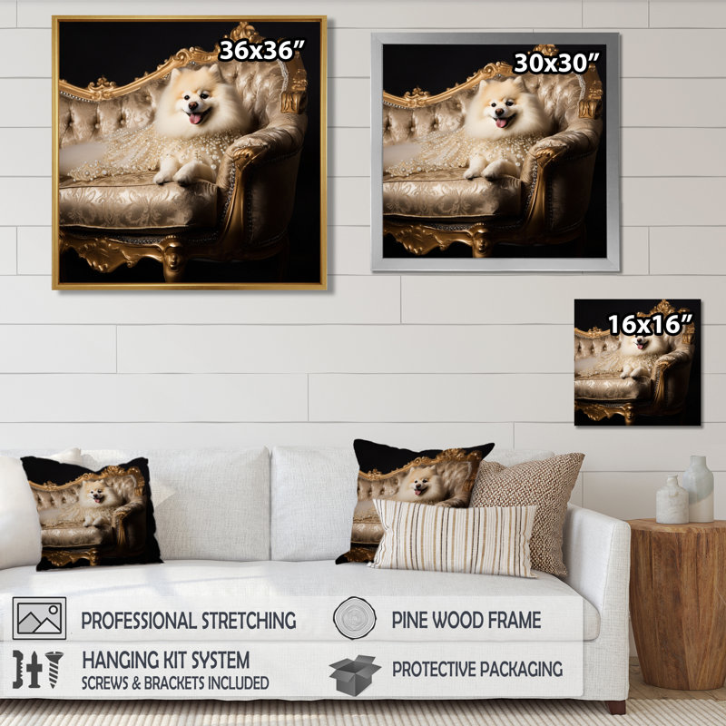 Adorable poméranien sur canapé Glam - art mural chien, Toile tendue, H 16 po x l 16 po x P 1 po