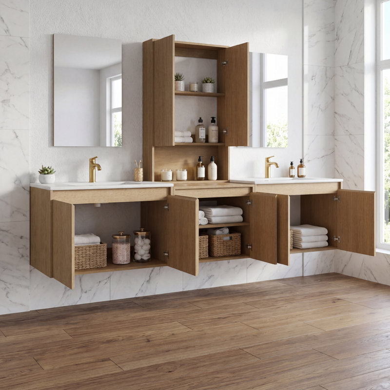 Meuble-lavabo double 84 po avec armoire supérieure, lavabo en céramique et conception sans poignée 84 po, Ash Tree, 84"