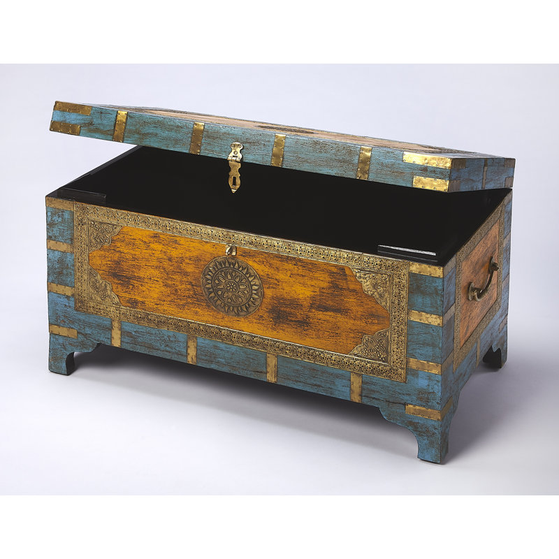 Nador Hand-Painted Brass Inlay Storage Trunk Coffee Table, Blue/Gold