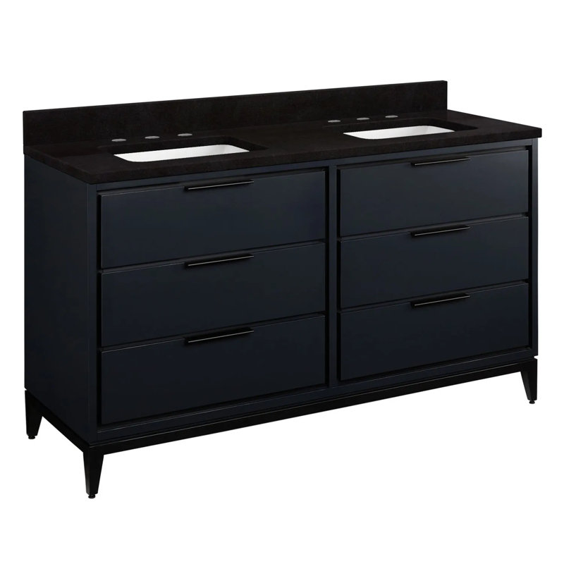 60" Hytes Double Bathroom Vanity Set with Rectangular Undermount Sinks, Feathered White Quartz, Midnight Navy Blue