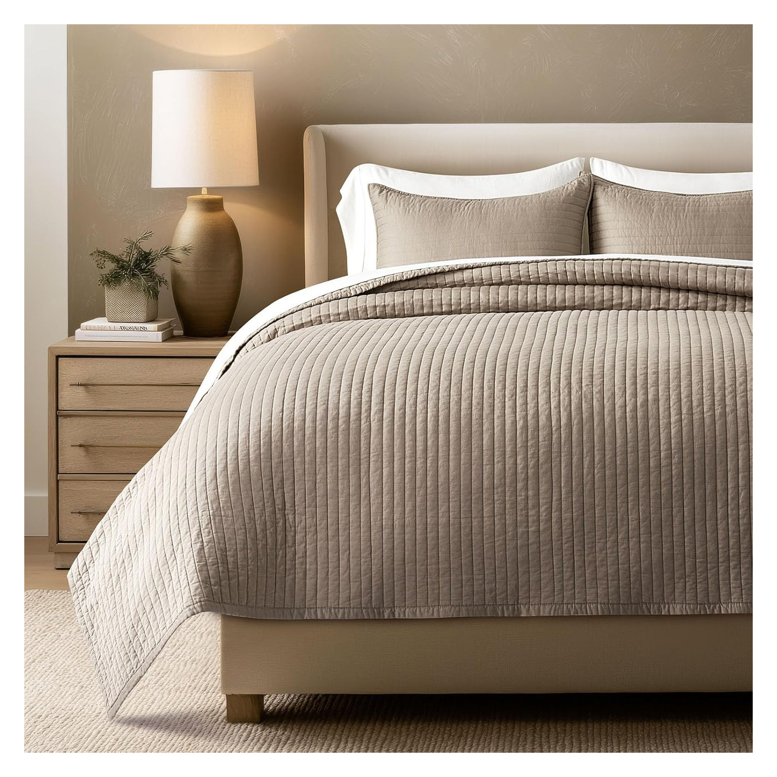 Oversized Cotton Sateen Channel Stitch Quilt Set - 3 Pieces King/Queen Bedding Comforter Set with Pillow Shams, All Season Lightweight Bedspread