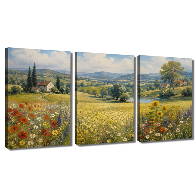 Tableau en trois panneaux représentant un paysage de campagne toscane fleuri, imprimé sur toile tendue pour le salon