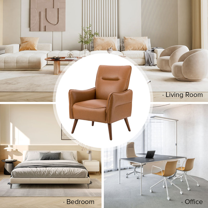 Fauteuil moderne en simili cuir avec pieds en bois massif Amylee, Similicuir chameau