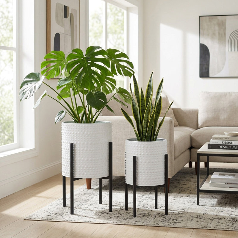 Aideen Metal Planter Pot Set for Indoor & Outdoor Use - Set of 2, Dot White