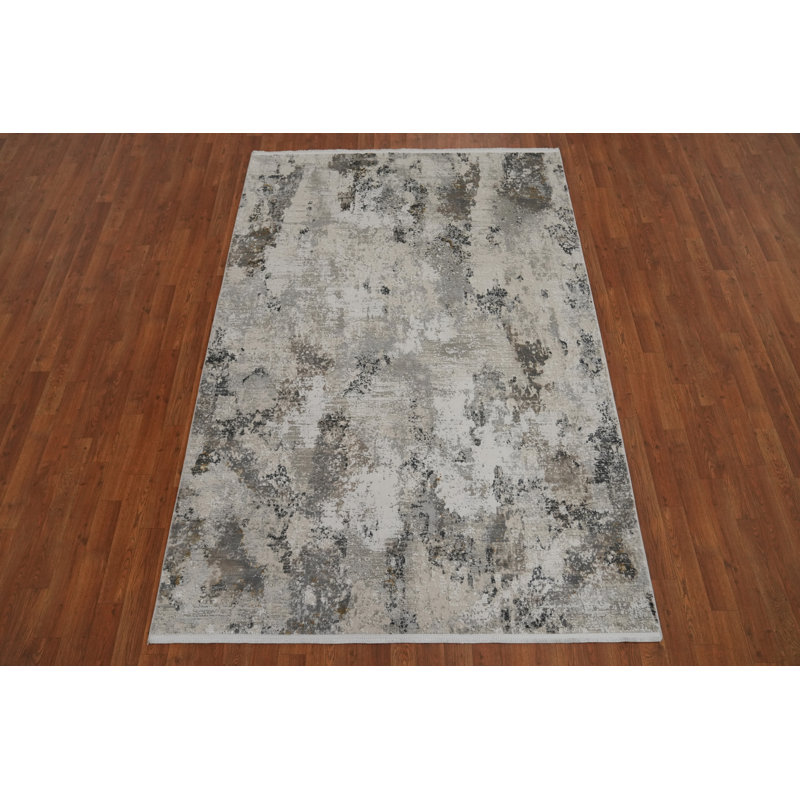 Tapis contemporain neutre polyvalent à motif abstrait 5 x 7