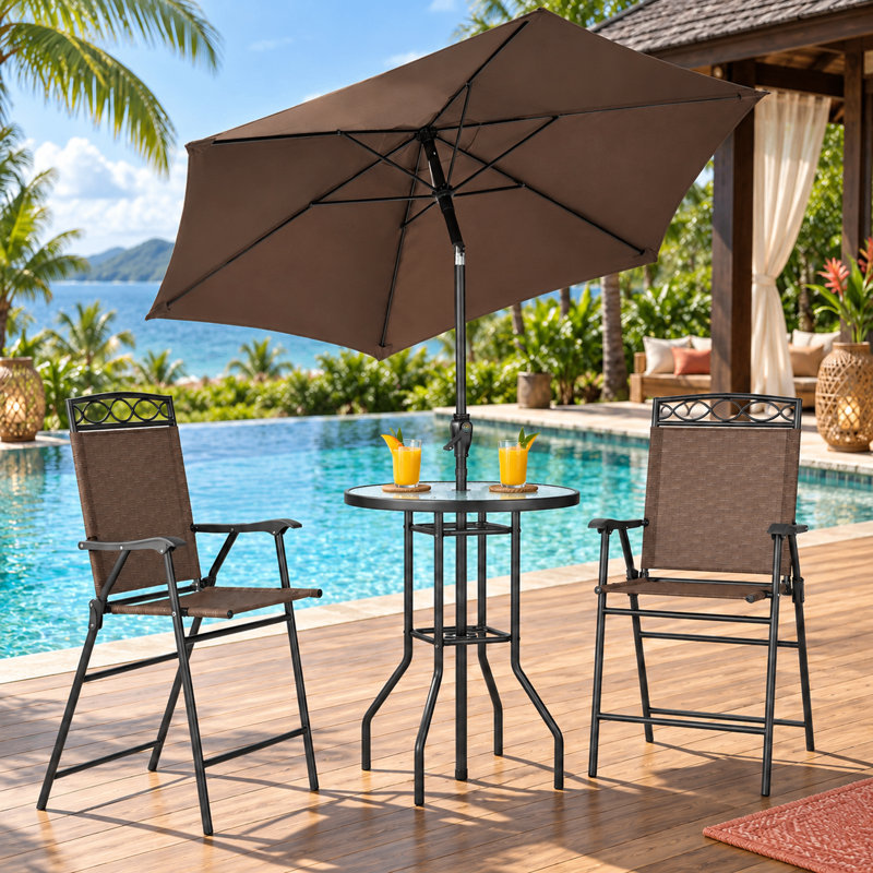 Ensemble de salle à manger d'extérieur 4 pièces avec structure en acier contemporaine, assises en toile et parasol inclinable, pour patios et terrasses.