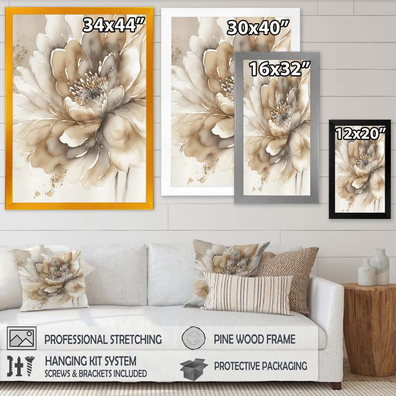 Fleur beige simple IV - art mural sur toile florale, Cadre photo noir , H 44 po x l 34 po x P 1,5 po
