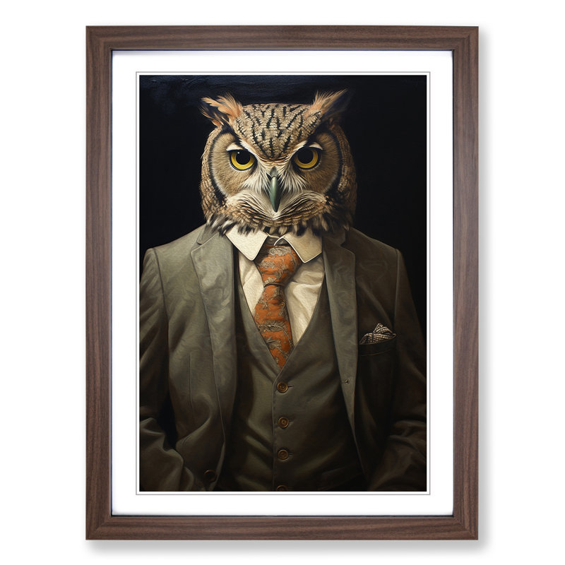 Owl In A Suit Painting - Single Picture Frame Print on Wood, 46cm H x 34cm W x 2cm D, Walnut Framed
