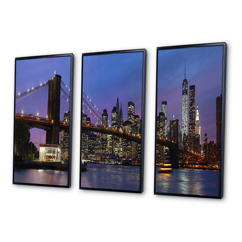Pont de Brooklyn et Manhattan au coucher du soleil - 3 pièces, reproduction sur toile