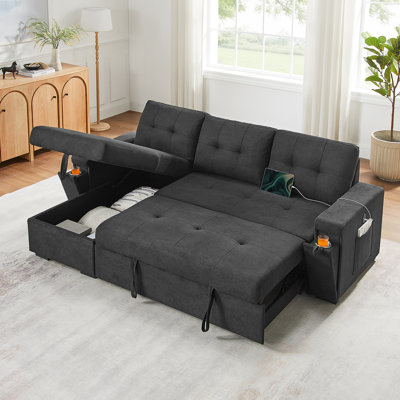 Canapé-lit d'angle réversible Ollie 95 po en tissu tissé noir avec méridienne de rangement, 3 pièces