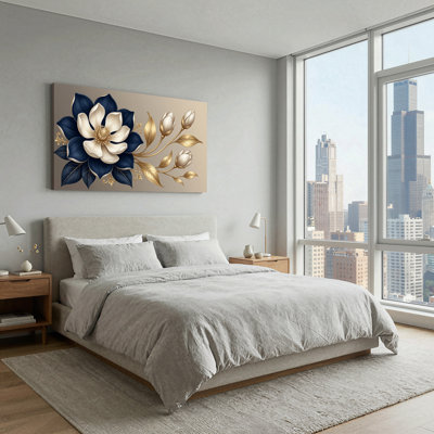 Navy Blue and White Magnolia Blossom Gold Leaves Canvas Wall Art