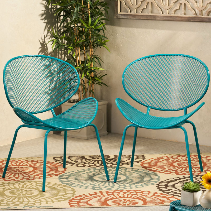 Élégante chaise en fer sarcelle - assise en filet, P 25,53 po x H 33,32 po, pour l'extérieur coquillage
