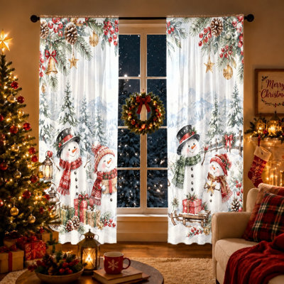 2Pcs Cute Snowman Winter Scene Curtains Light Filtering Rod Pocket Window Drapes For Living Room Bedroom Kitchen Home Decor