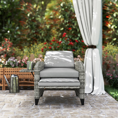 Outdoor Recliner Chair with Cushions, PE Wicker Reclining Patio Lounge Chair with Adjustable Footrest, Armrests, Side Tray Table for Balcony, Porch, Gray