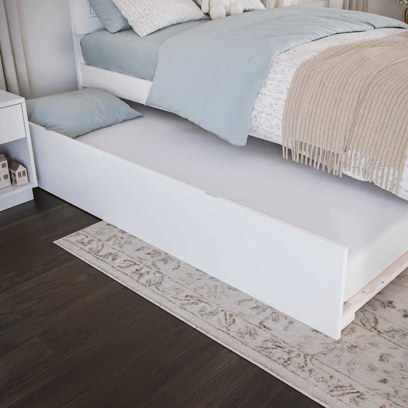 Lit plateforme en bois massif Jeinny avec pied et gigogne assortis, Blanc, Simple