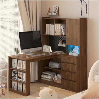 Bureau en L avec chargeur, bureau d'ordinateur avec tiroirs, bibliothèque, avec éclairage à DEL, bureau d'angle moderne, bureau à domicile, bureau d'écriture en L, bureau d'ordinateur de coin avec rangement