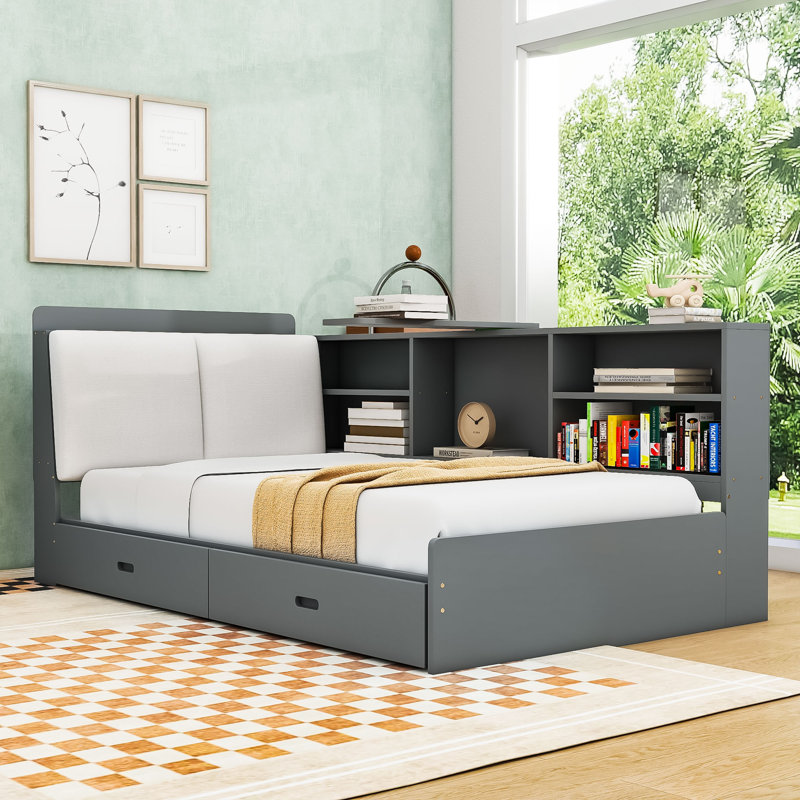 Lit plateforme en bois 2 tiroirs avec tête de lit, tablette rotative et panneau rembourré, Gris