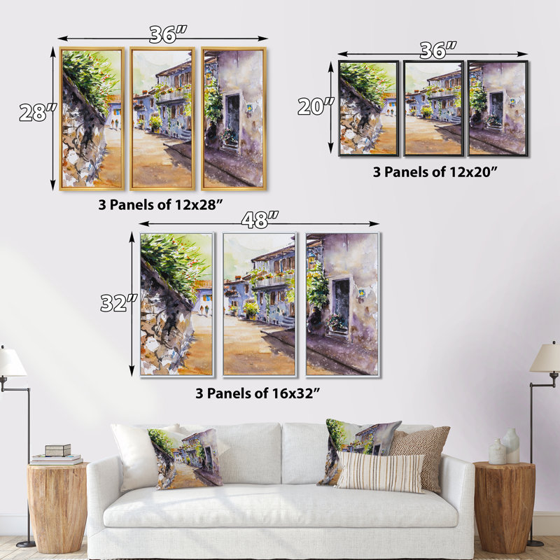 Vue rétro de la vieille Europe II - ensemble d'art mural rétro sur toile, encadré de 3, H 20 po x l 36 po x P 1 po, Noir