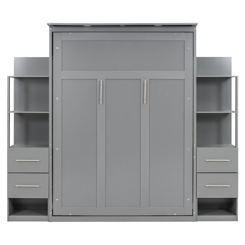 Lit double de couleur grise avec fonction DEL - Gain de place pour les petits appartements et les tablettes avec plusieurs pièces de rangement