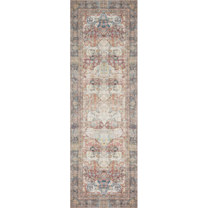 Oriental Terracotta/Blue/Ivory Area Rug, Runner 2'6" x 7'6"