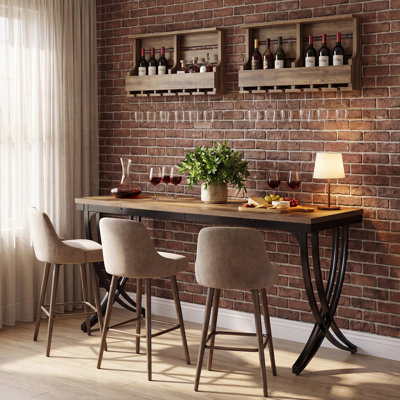 Table de bar H 35,43 po en bois brun avec pieds incurvés en métal, table de pub pour la cuisine et la salle à manger