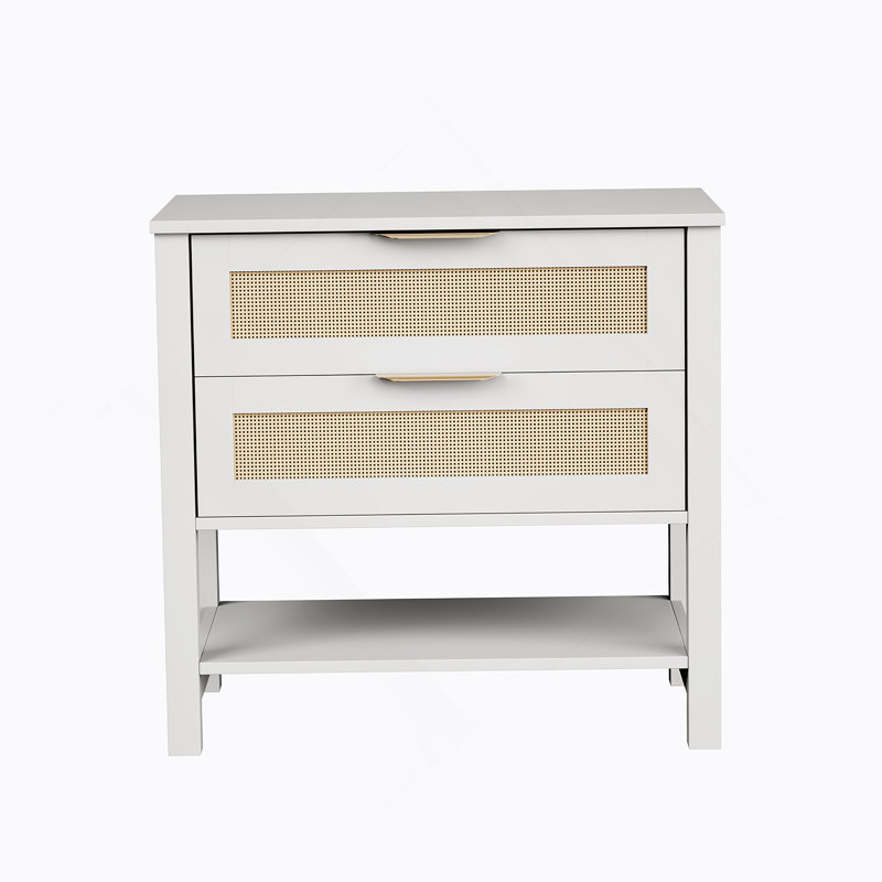 Table de chevet étroite en rotin avec 2 tiroirs et tablette de rangement Boho, Blanc