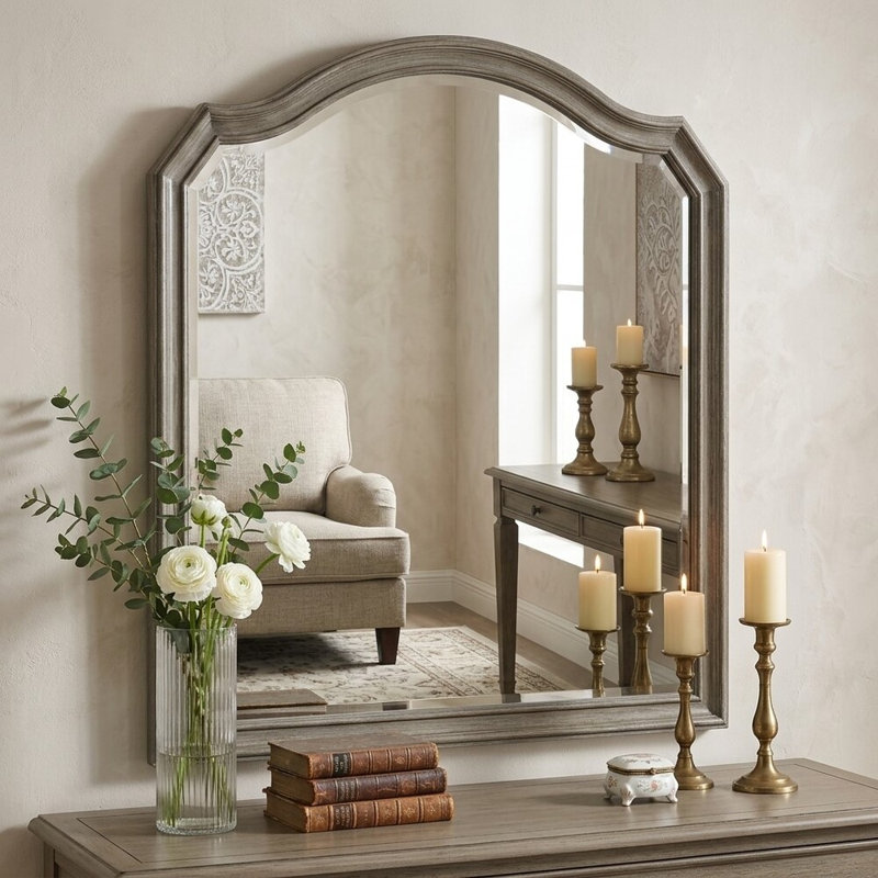 Miroir Perséphone rustique aux tons naturels, 122 cm (L) x 110 cm (H), style classique, encadré de bois et à arc.