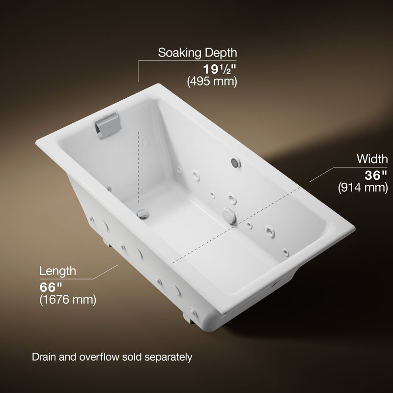Tea-for-Two 66" x 36" Dop-In Effervescence Whirlpool Bath with Spa Package, White