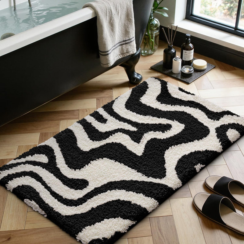 Tapis de bain antidérapant à motif zèbre, noir et blanc, 61 x 109 cm, en microfibre ultra douce, absorbante, à séchage rapide et lavable. Idéal pour le plancher de la salle de bain, la douche, le lavabo, la baignoire et le linge.