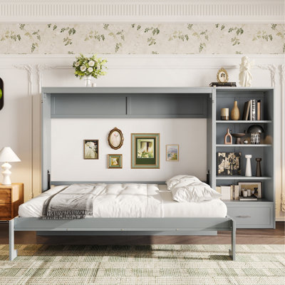 Grand lit escamotable avec compartiments de rangement à hauteur réglable et tablette, cadre de lit mural avec 1 tiroir, lit plateforme pliable multifonctionnel pour chambre à coucher, chambre d'amis